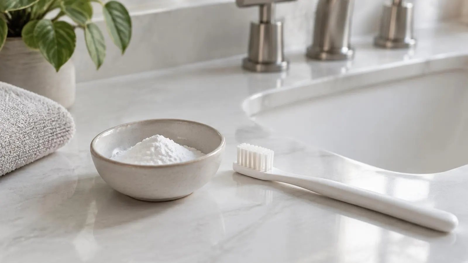 Cepillo dental junto a bicarbonato usado como remedio casero para los dientes Cepillo dental junto a bicarbonato usado como remedio casero para los dientes