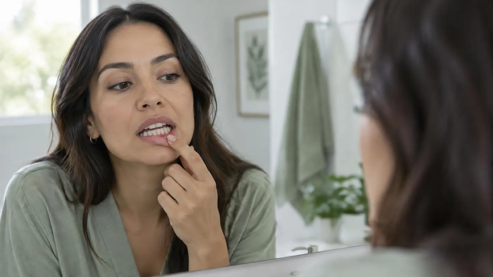 Persona observando si sus dientes se han movido por las muelas del juicio Persona observando si sus dientes se han movido por las muelas del juicio
