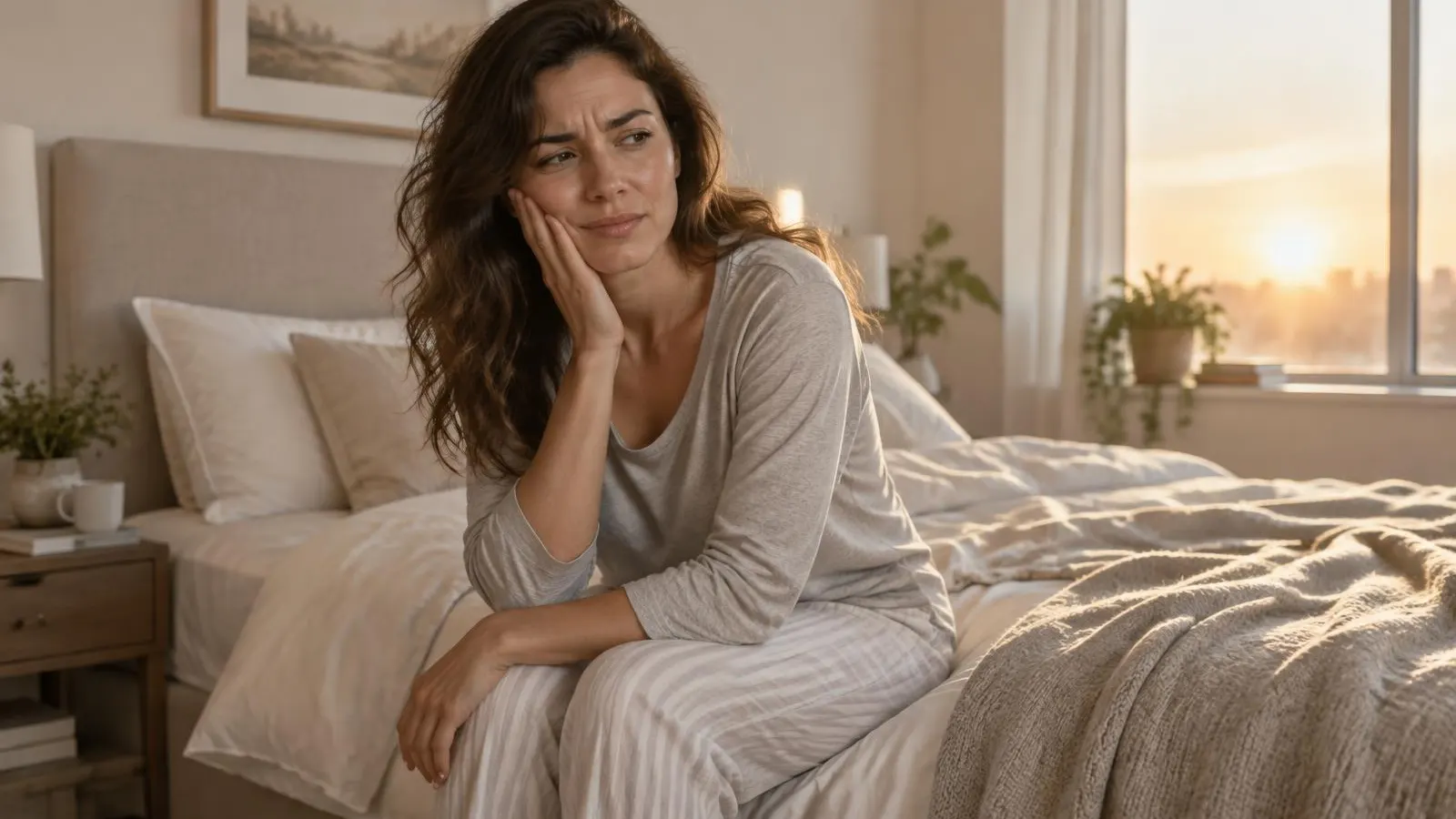 Persona con molestia en la mandíbula al despertar por posible bruxismo nocturno Persona con molestia en la mandíbula al despertar por posible bruxismo nocturno