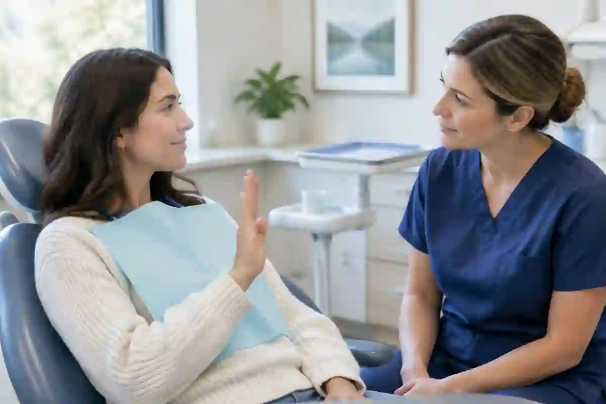 Paciente utilizando una señal con la mano para pedir una pausa durante la consulta Paciente utilizando una señal con la mano para pedir una pausa durante la consulta